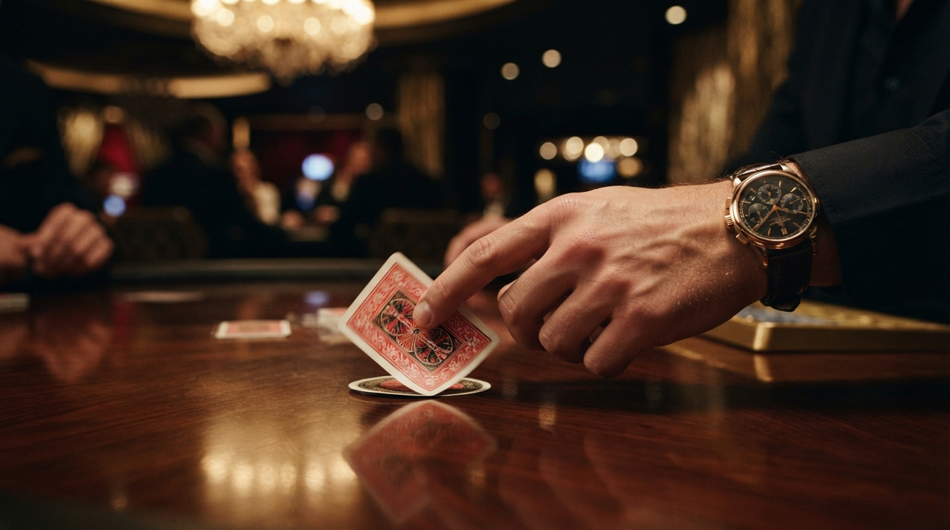 Casinos con retirada instantánea — Primer plano de un naipe con el borde de una mano con reloj de lujo girándolo so